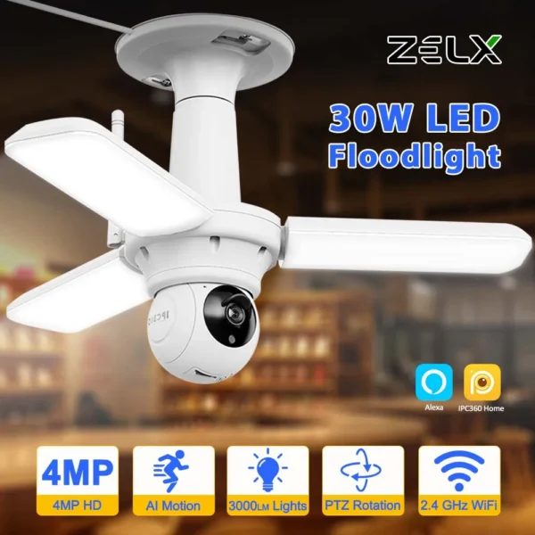 4MP WIFI Floodlight Security Camera E27 Bulb Wireless PTZ Cam AI Tracking Color Night Vision HD Video Surveillance CCTV Alexa